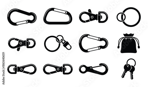 Collection of carabiner clips, keyrings, lobster clasps, pouch isolated on white background.