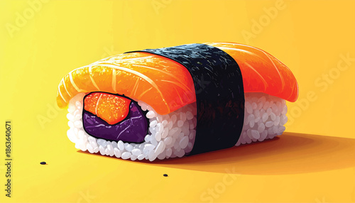 Artistic Sushi Roll with Salmon and Seaweed on Yellow Background.