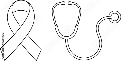 Awareness, ribbon, and, stethoscope, line, art, icon, for, medical, health, care, cancer, support, clinic, diagnosis, hospital, symbol, vector, graphic, illustration, wellness, advocacy, nursing