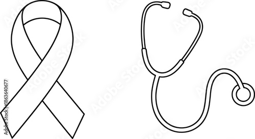 Blue line art vector illustration set of medical stethoscope and awareness ribbon symbol for cancer support, healthcare campaigns, and hospital charity logo design elements.