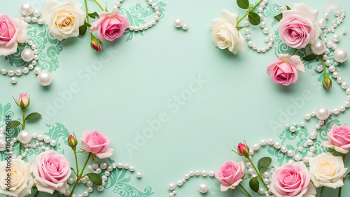 Ornate floral frame with pink and white roses, pearls, and damask patterns on a soft mint green background