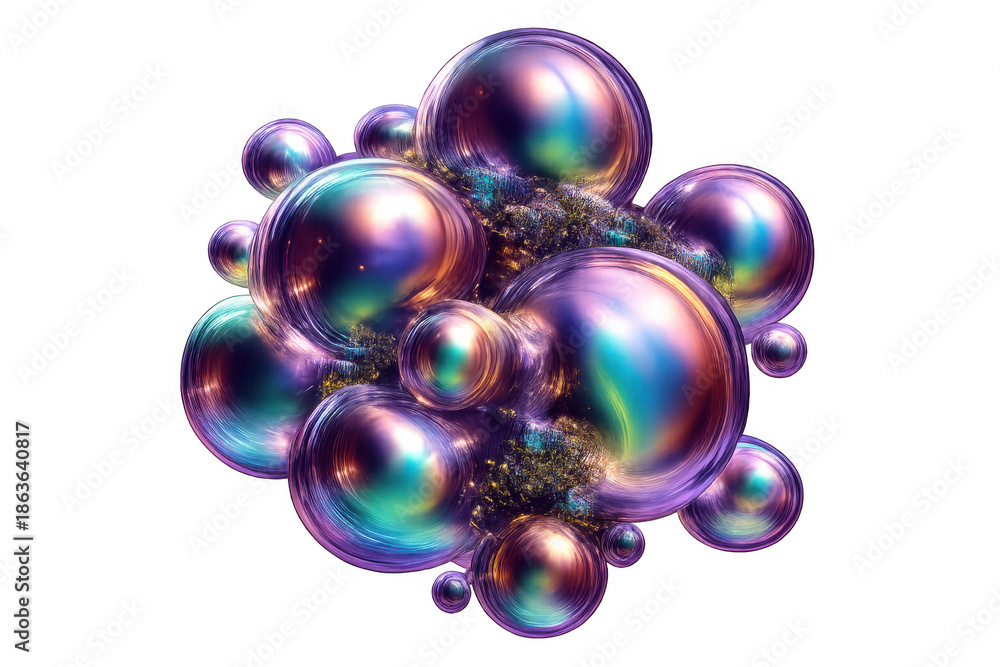 Fototapeta premium Iridescent spheres clustering, abstract liquid bubbles forming, futuristic chrome design, pearlescent metallic shape on transparent background