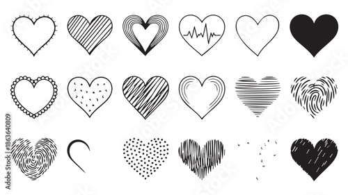 A collection of various black and white heart illustrations in different patterns and designs.