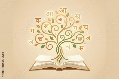 Open book education concept with glowing language symbolism