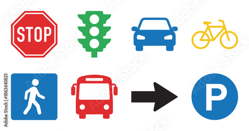Collection of colorful traffic and transportation icons, including signs for pedestrians and parking area.
