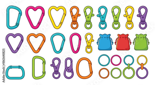 Collection of colorful carabiners in different shapes, rings, and small pouches. Vector illustration for design.