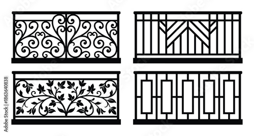 Collection of decorative metal railings designs set. Wrought iron balconies and fence with floral and geometric elements.