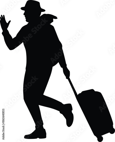 Silhouette, traveler, walking, suitcase, airport, journey, departure, backpack, hat, waving, tourism, business, trip, travel, mobility, luggage, motion, transit, adventure, vacation, commuter