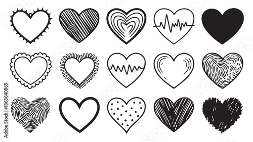 A collection of diverse hand-drawn heart illustrations in various patterns and designs