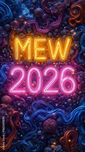 Futuristic Neon 'MEW 2026' Pattern Background with Abstract and Vibrant Visuals