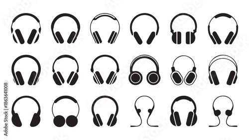 A collection of 18 black and white headphone icons displayed on a white background