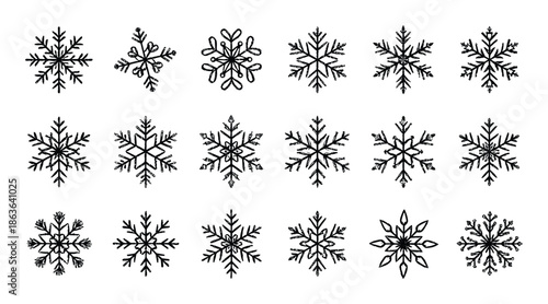 Collection of diverse snowflakes vector art, winter holiday decoration and designs, isolated vector