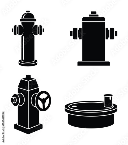 Collection of fire hydrant icons, depicting various styles for water access in emergencies, outdoors, street equip.