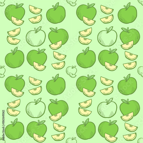 Hand drawn green apple seamless vector pattern featuring whole fruit, halves, and wedges on a light green background. Suitable for food packaging, textile prints, and fruity themed designs