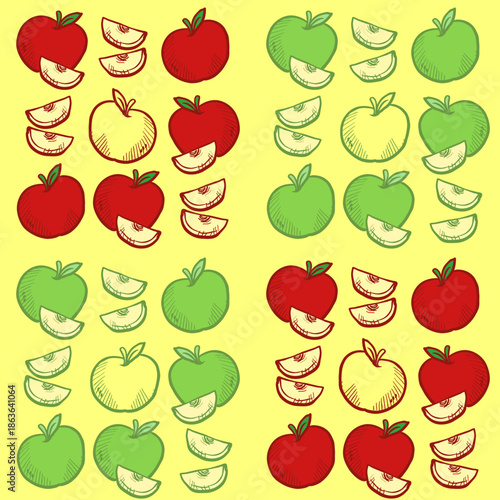 Hand drawn mixed red and green apple seamless vector pattern featuring whole fruit, halves, and wedges on a yellow background. Suitable for food packaging, textile prints, and fruity themed designs