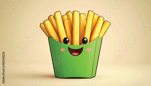 Cute Cartoon French Fries Character in Green Container.