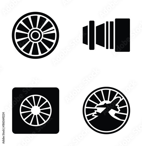 Collection of four different black and white design elements like camera lens, wheel, and an airplane icon.