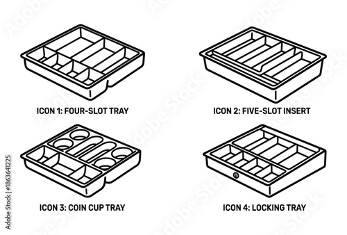 Collection of four different trays illustration: Four-slot, five-slot insert, coin cup, and locking trays.