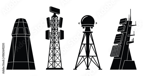 Collection of four different communication towers vector silhouette illustration. Telecom infrastructure.
