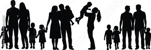Family silhouettes collection showing parents children together love care bonding walking holding hands lifestyle vector illustration isolated black design modern