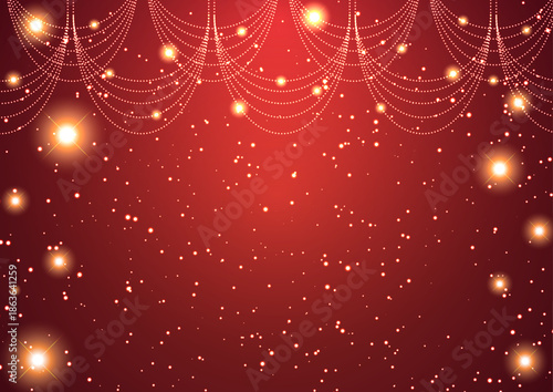 Glittering Red and Gold Party Background with Sparkling Lights and Elegant Garland Decorations
