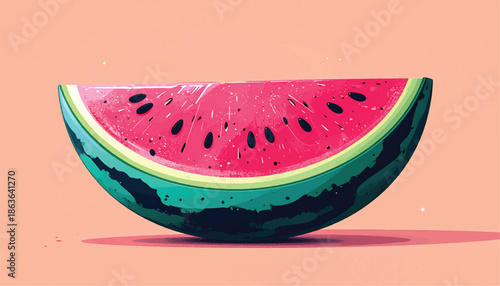 Vibrant Watermelon Slice with Seeds on a Peach Background.
