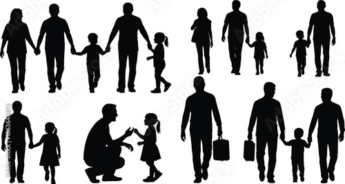 Family silhouettes set showing parents and children walking holding hands caring bonding moments everyday lifestyle vector illustration isolated black design