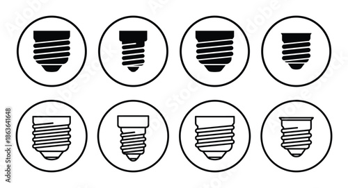 Collection of light bulb base icons in vector format. Set of different base types for light bulbs.