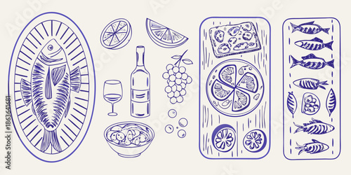 A charming sketch of a seafood platter with wine and fresh produce