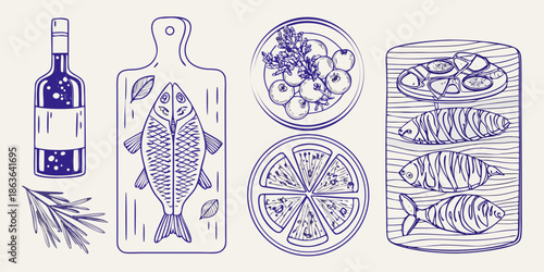 A vintage style illustration depicting seafood lemons and a wine bottle
