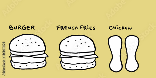 Simple doodle illustration of a burger french fries and chicken pieces
