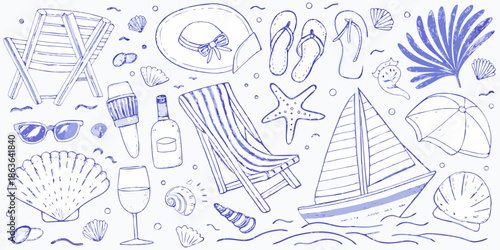 Summer vacation doodles beach essentials including chairs hats and nautical items