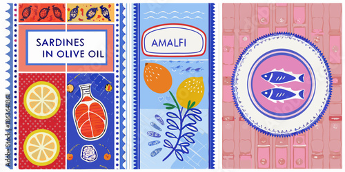Colorful illustrated panels depicting sardines amalfi lemons and fish designs