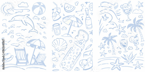 A playful summer doodle collection featuring beach elements and tropical vibes