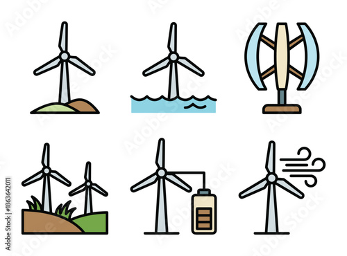 Collection of Renewable Wind Energy Turbine Types, Onshore, Offshore, Vertical axis, Sustainable and Windmill battery.