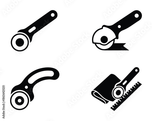 Collection of rotary cutter icons. Cutting, sewing, and quilting hand tools symbols set in vector illustration.