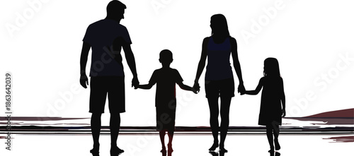 Family silhouettes walking together parents and children holding hands at beach shoreline lifestyle vector illustration isolated modern design concept artwork