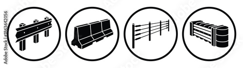 Collection of road barrier symbols. Includes guardrail, jersey barrier, wire fence, and water filled barrier icons.