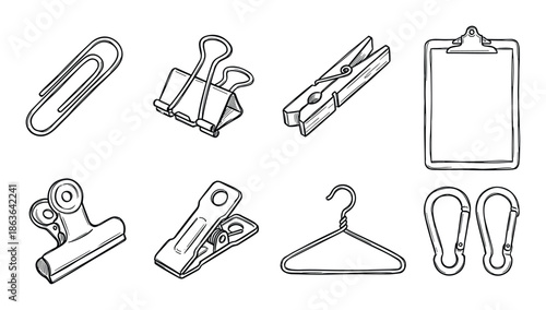 Collection of stationery. Detailed drawings of a paper clip, binder, clothes pins, hanger, carabiner, clip art.
