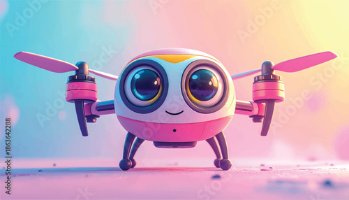 Adorable Cartoon Drone Character with Big Eyes and Pink Accents.