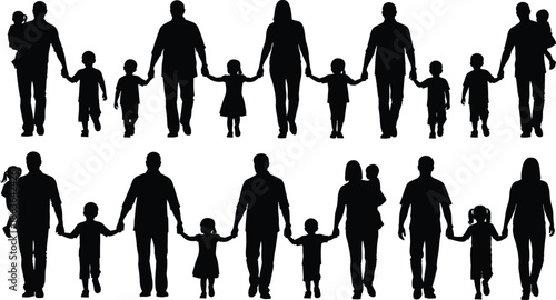 Large family silhouettes set showing parents and children holding hands walking together unity love care lifestyle vector illustration isolated
