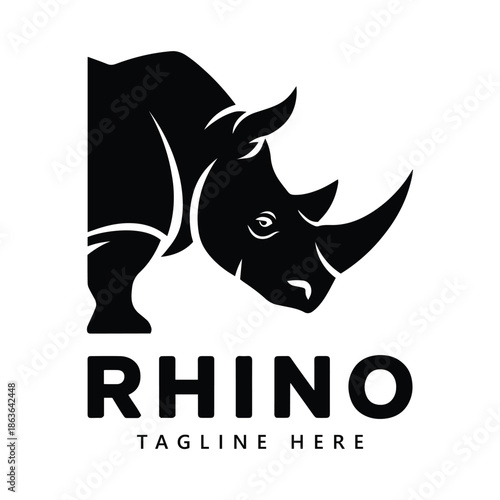 Rhino Logo with Bold Horned Silhouette and Tagline Black and White Vector Graphic