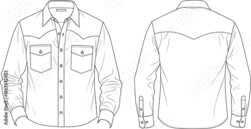 Men western style long sleeve shirt front and back technical line art vector illustration for fashion apparel design template
