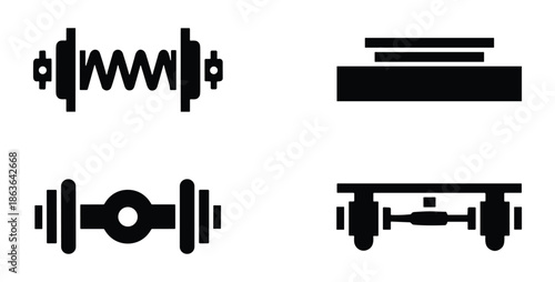 Collection of vehicle suspension system icons. Spring shock absorber parts, axle, and more symbols.