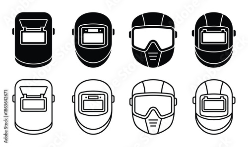 Collection of welding masks. Black and white vector illustration of different mask types in outline style.
