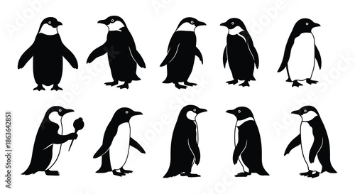 A collection of black and white penguin silhouettes in various poses