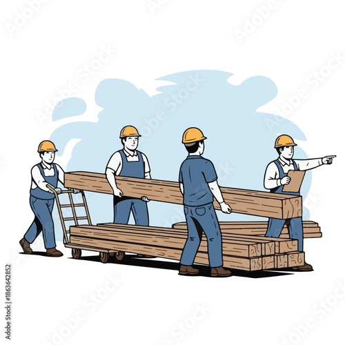 Four construction workers handling wooden planks.