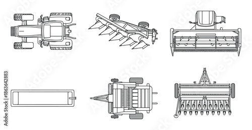 Complete set of agricultural equipment vectors. Tractor, plow, harvester, sprayer, tank, and seeder schematics.