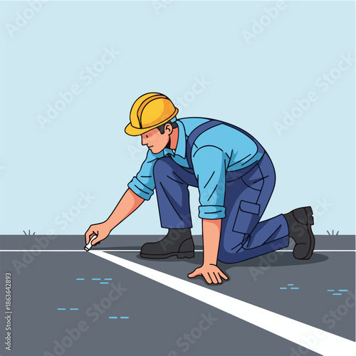 Man drawing line on road surface.