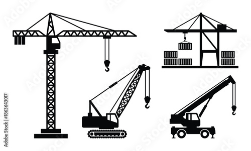 Construction cranes silhouettes icons including tower crane, mobile crane, and container crane with containers.